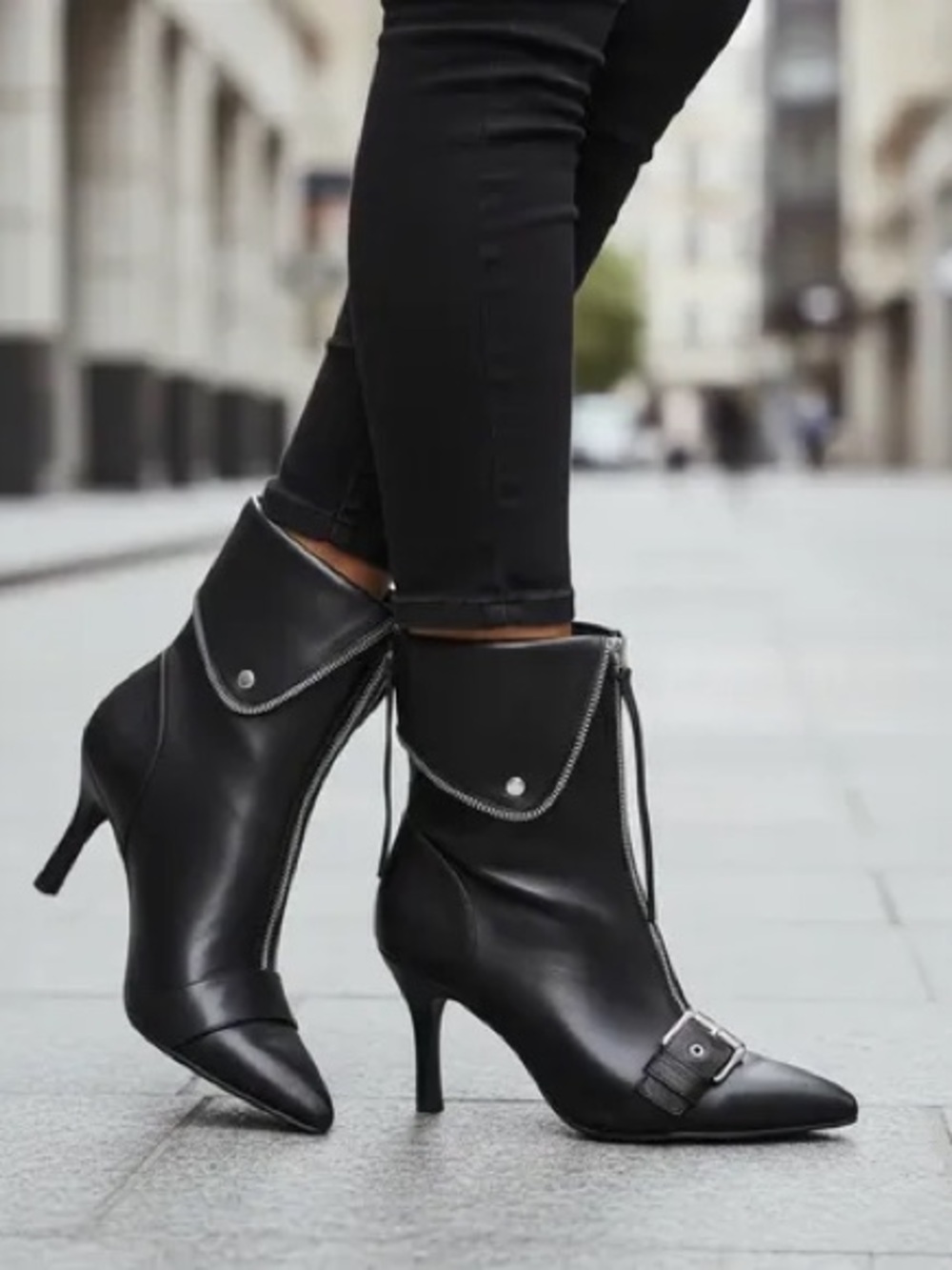 Moto Inspired Black Pointed-Toe Ankle Boots - 8